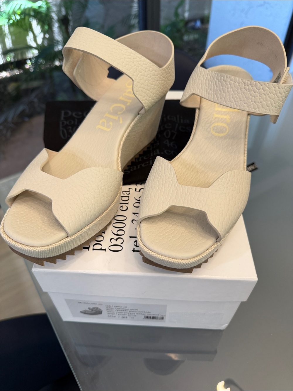 Pedro Garcia Beige Textured Leather Wedge Sandals with Ankle Strap